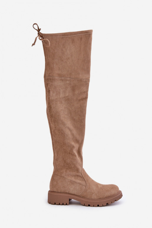 Sand over-the-knee boots with wide heels made of faux suede Arkelia