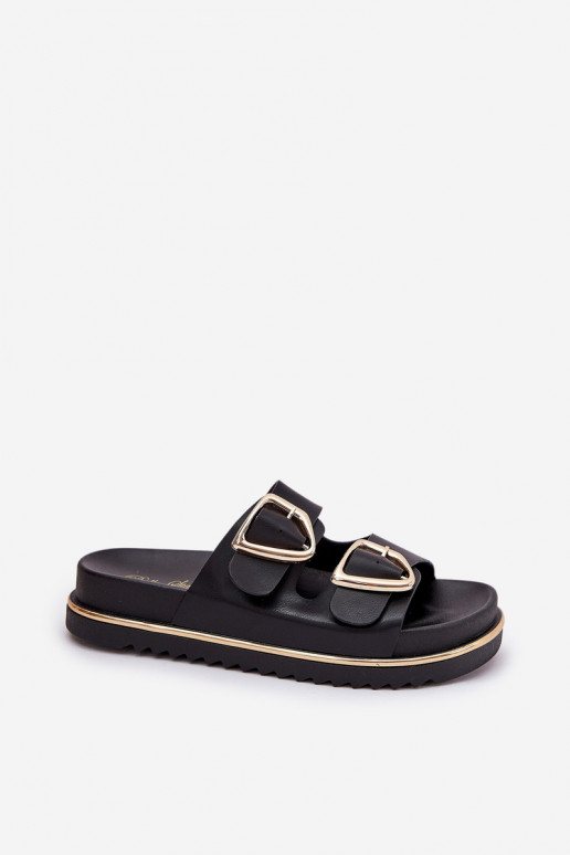 Women's platform slippers with buckles in black Tersele