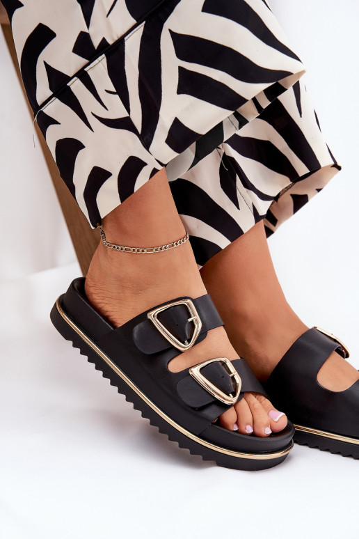 Women's platform slippers with buckles in black Tersele