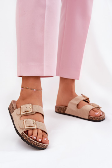 Women's slippers with buckles on a cork sole in sand with hearts