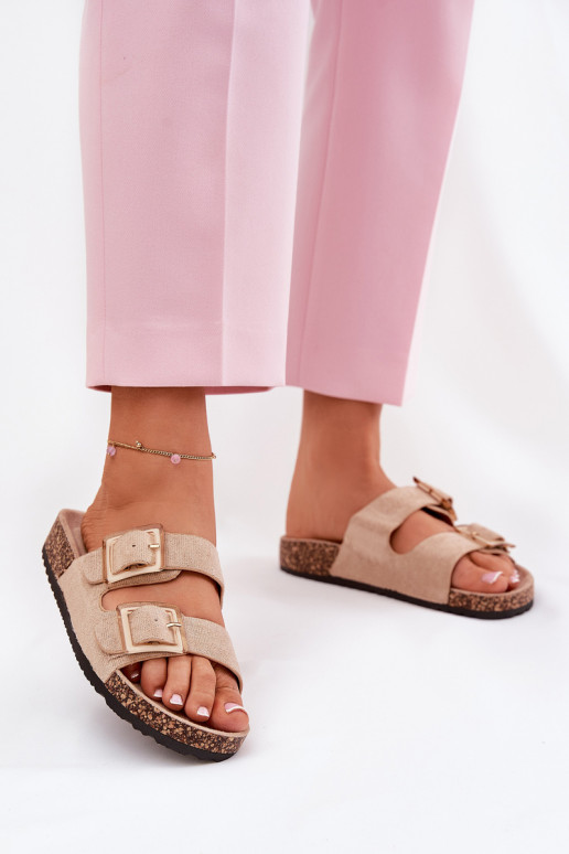 Women's slippers with buckles on a cork sole in sand with hearts