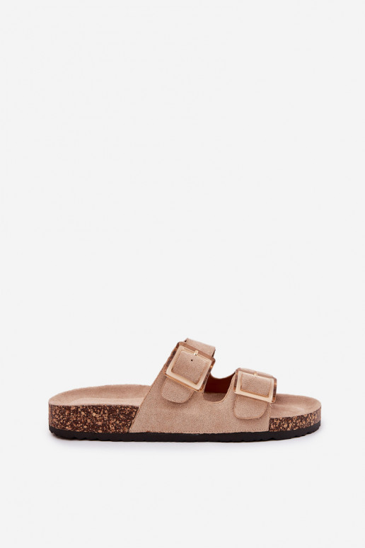 Women's slippers with buckles on a cork sole in sand with hearts