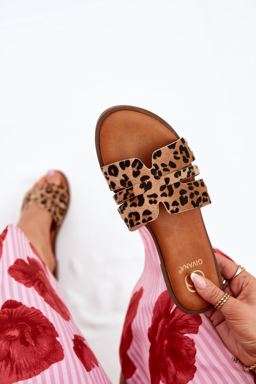 Women's slippers with wide heels, cutouts and leopard print in brown Teterre