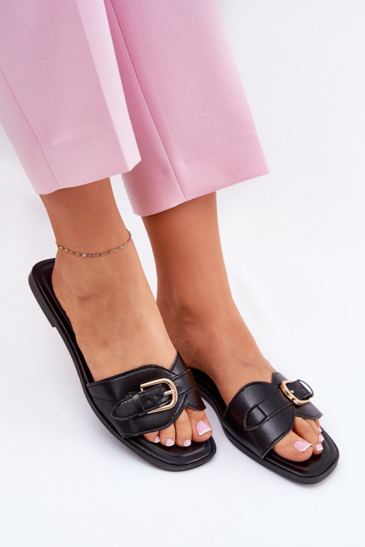 Flat women's slippers with gold buckles in black Esiobb