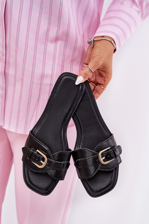 Flat women's slippers with gold buckles in black Esiobb