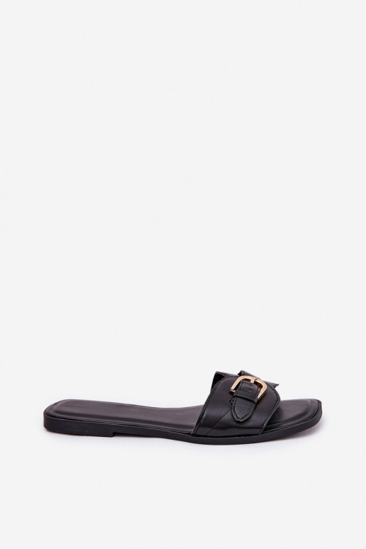 Flat women's slippers with gold buckles in black Esiobb
