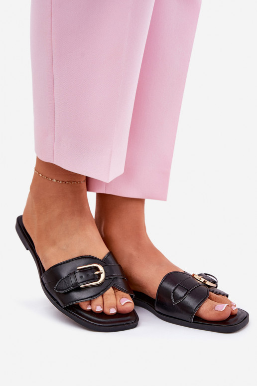 Flat women's slippers with gold buckles in black Esiobb
