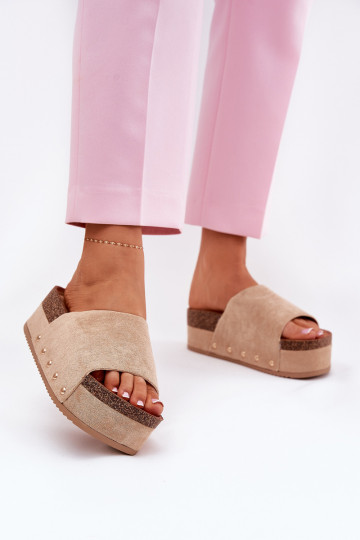 Women's platform slippers in khaki faux suede Vinnibe