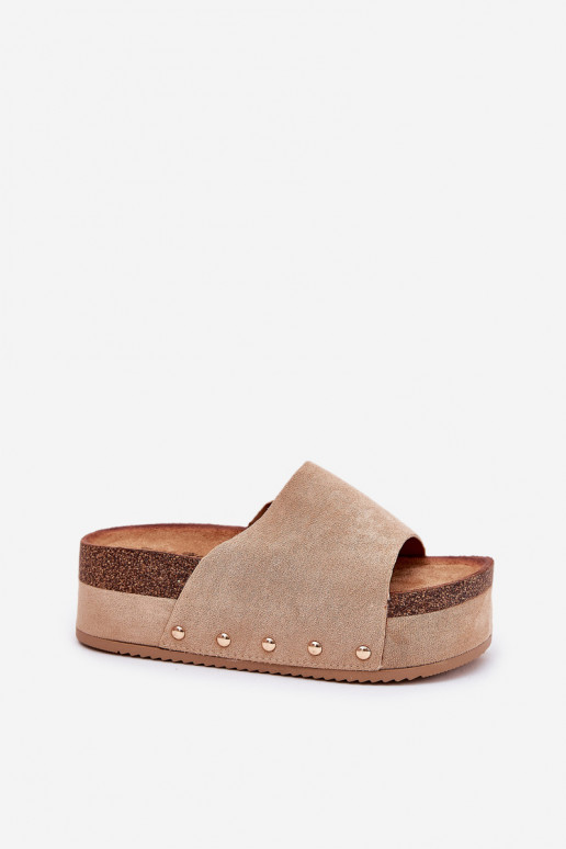 Women's platform slippers in khaki faux suede Vinnibe
