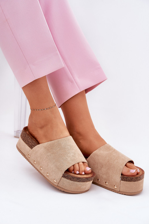 Women's platform slippers in khaki faux suede Vinnibe