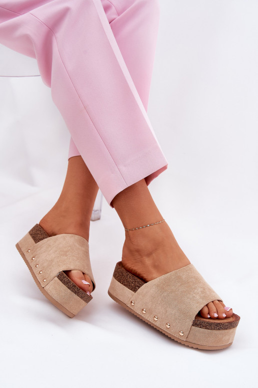 Women's platform slippers in khaki faux suede Vinnibe