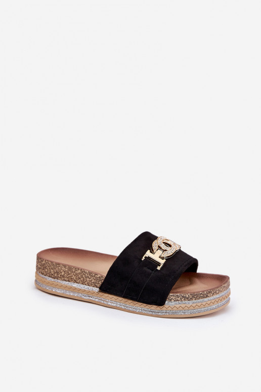 Women's slippers with details on a platform with shine in black Eanes