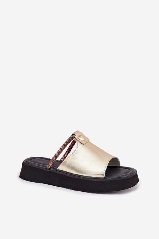 leather slippers for women with platform and decorated heels gold D&A MK51-475
