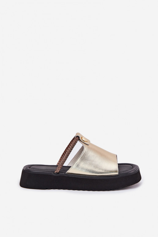 leather slippers for women with platform and decorated heels gold D&A MK51-475