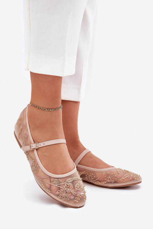 Mesh ballerinas with embroidery and embellishment in sand Tillilora