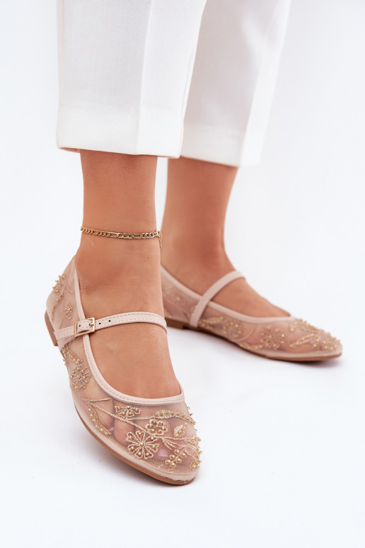 Mesh ballerinas with embroidery and embellishment in sand Tillilora