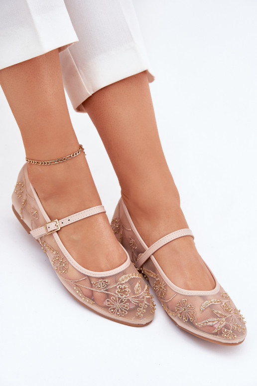 Mesh ballerinas with embroidery and embellishment in sand Tillilora