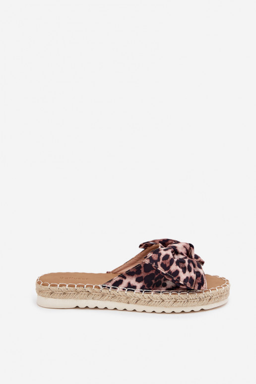 Women's platform slippers with weaving and bow with leopard print in sand Alpireda