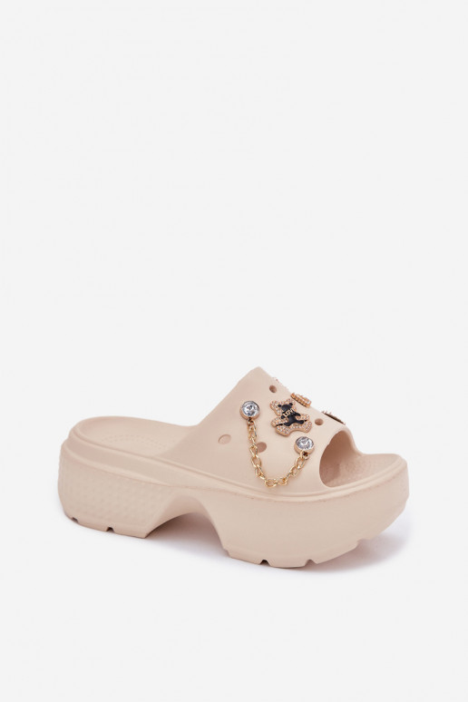 Lightweight women's slippers on platform with gold details and clips in sand Ivoriel