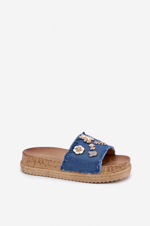 Women's gold platform slippers in dark blue Rigasta