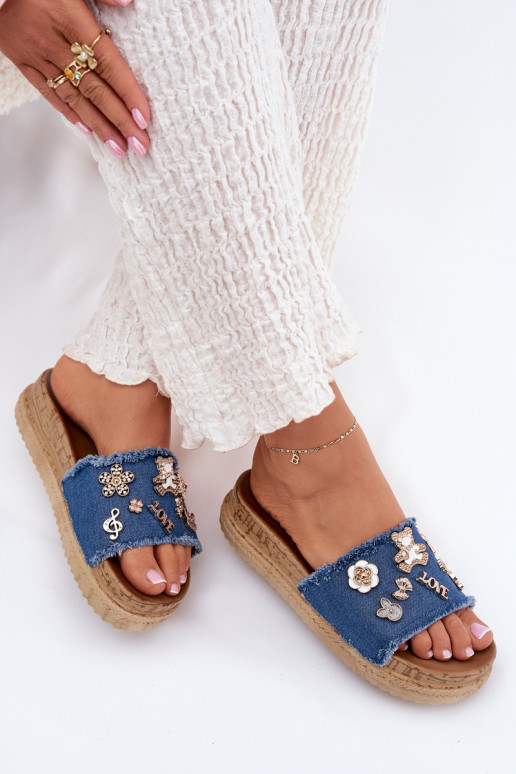 Women's gold platform slippers in dark blue Rigasta