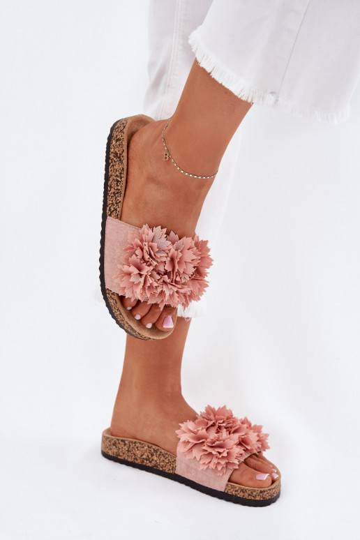Women's cork-soled slippers with flowers in pink Ferenza