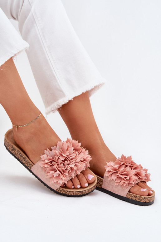 Women's cork-soled slippers with flowers in pink Ferenza