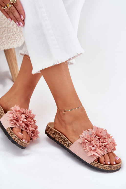Women's cork-soled slippers with flowers in pink Ferenza