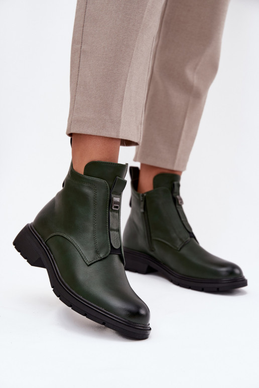 Warm women's ankle boots with decorative details in khaki Roselle