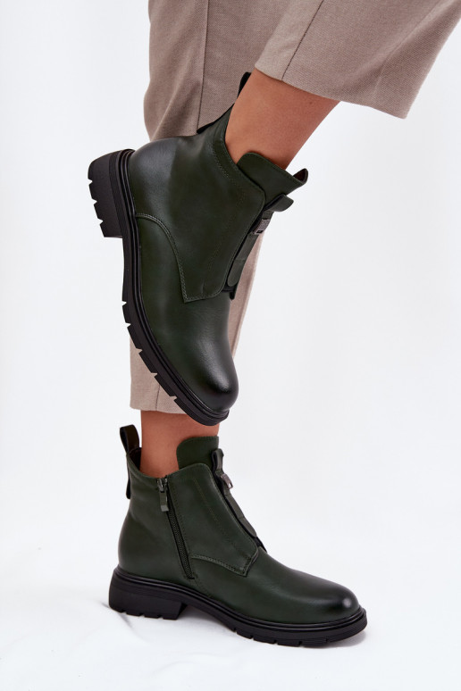 Warm women's ankle boots with decorative details in khaki Roselle