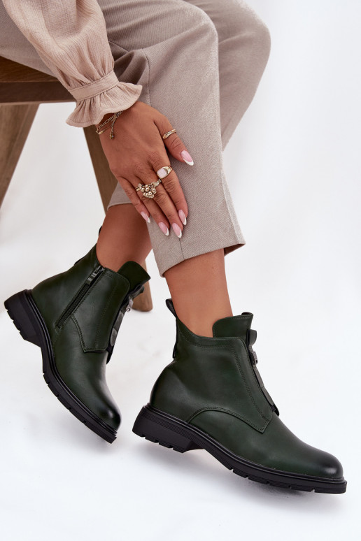 Warm women's ankle boots with decorative details in khaki Roselle