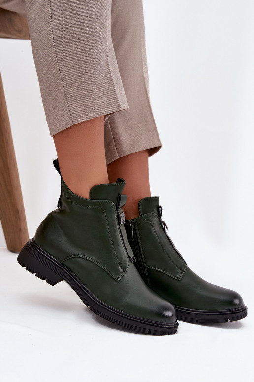 Warm women's ankle boots with decorative details in khaki Roselle