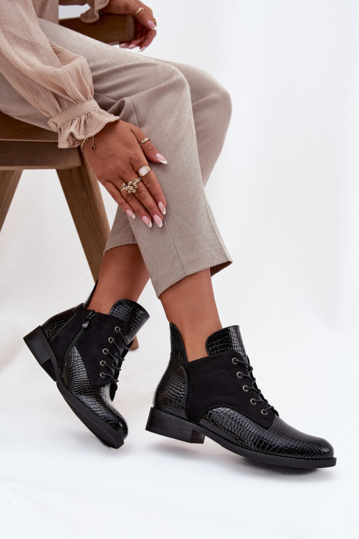 Black women's ankle boots with a patent effect and ornate embossing Vinceza 16477