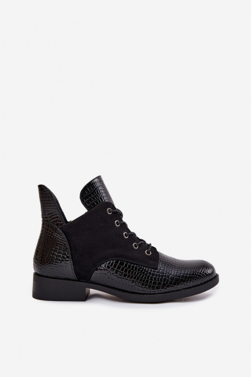 Black women's ankle boots with a patent effect and ornate embossing Vinceza 16477