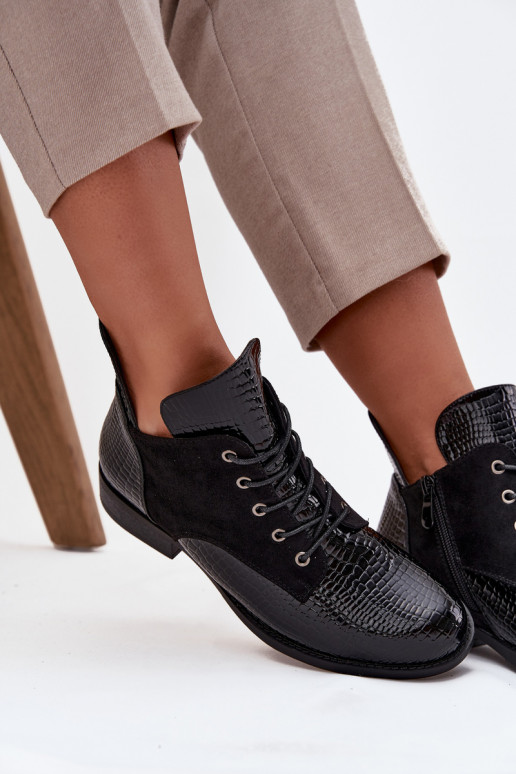 Black women's ankle boots with a patent effect and ornate embossing Vinceza 16477