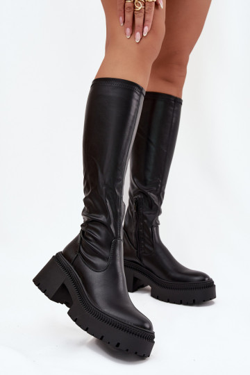 Women's knee-high boots on chunky heels and platform, slip-on, black Florinne 2