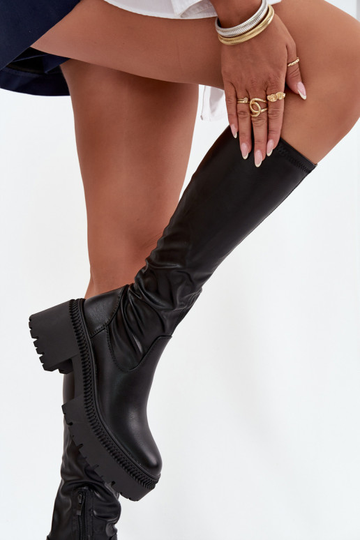 Women's knee-high boots on chunky heels and platform, slip-on, black Florinne