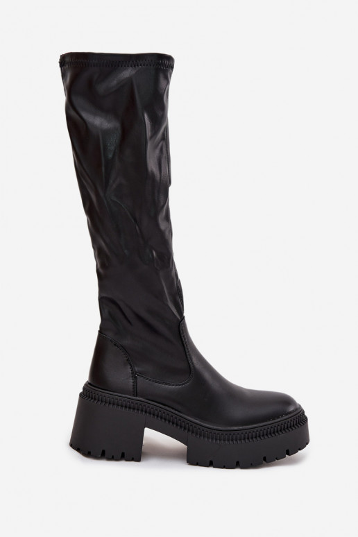 Women's knee-high boots on chunky heels and platform, slip-on, black Florinne