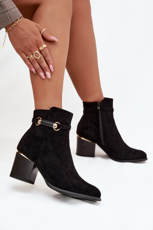 Warm women's ankle boots with heels and decorated heels, black Galissa