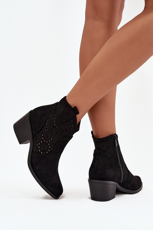 Black women's ankle boots with cut-out elements and heels S.Barski HY52-529
