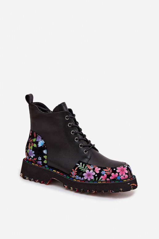 Black leather warm women's ankle boots with flowers Artiker 57C0180