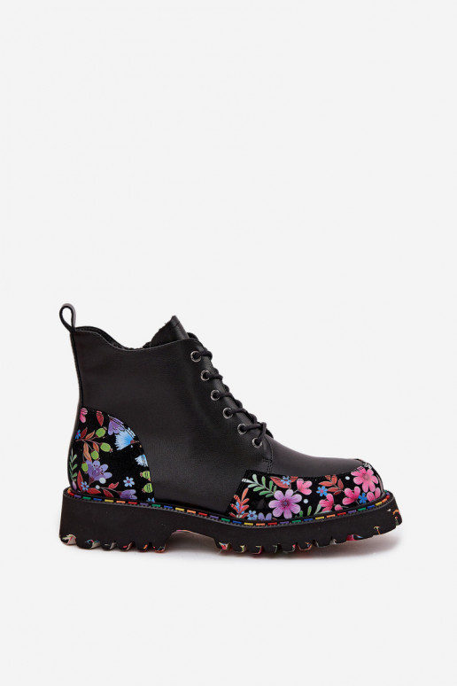 Black leather warm women's ankle boots with flowers Artiker 57C0180