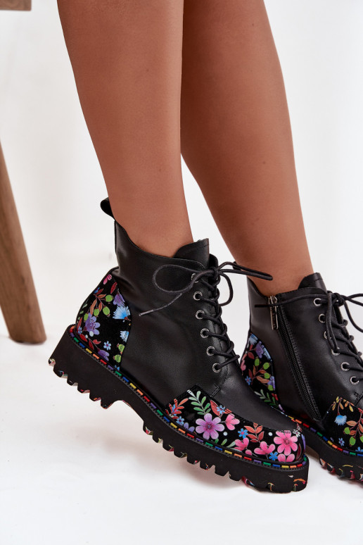 Black leather warm women's ankle boots with flowers Artiker 57C0180