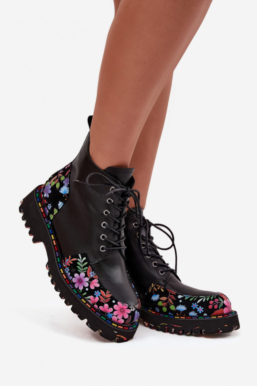 Black leather warm women's ankle boots with flowers Artiker 57C0180