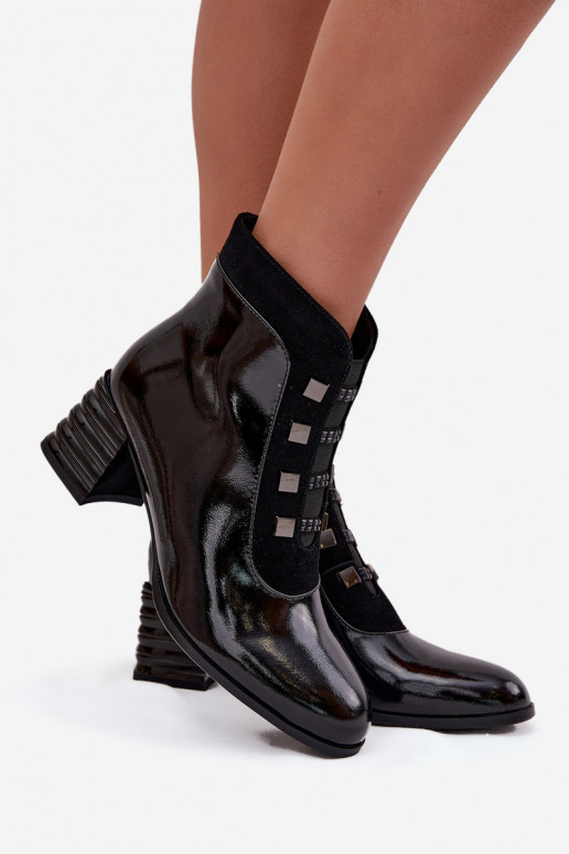 Black leather women's ankle boots with a patent effect D&A MR52-144