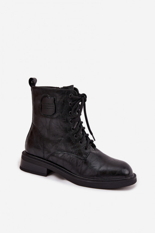 Black faux leather women's work ankle boots with decorative details Tai turiciejka K7180-01