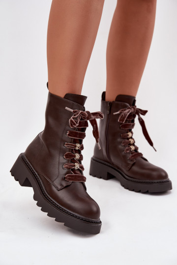 Warm women's ankle boots with decorative laces CzekoladoĮe Elindra