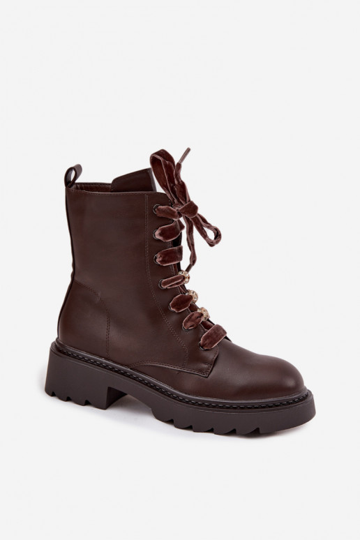 Warm women's ankle boots with decorative laces CzekoladoĮe Elindra