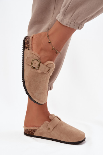 Beige warm women's clogs with fur inside and buckles Sylisse