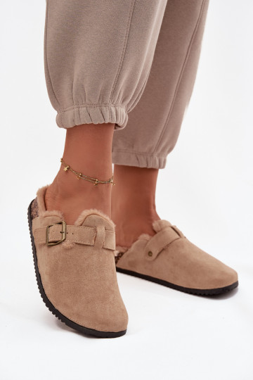 Beige warm women's clogs with fur inside and buckles Sylisse 2